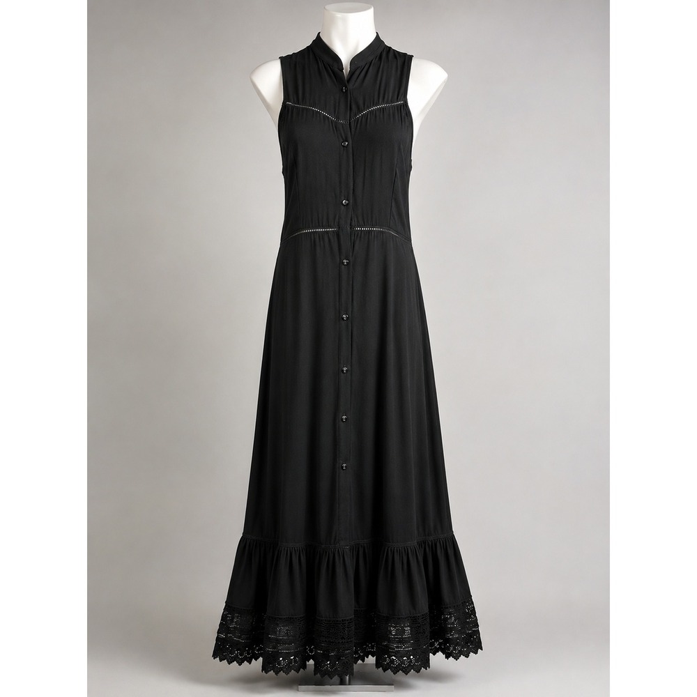NWT Stillwater Black Button Front Maxi Dress Ladder Lace Crochet Hem Size Medium
